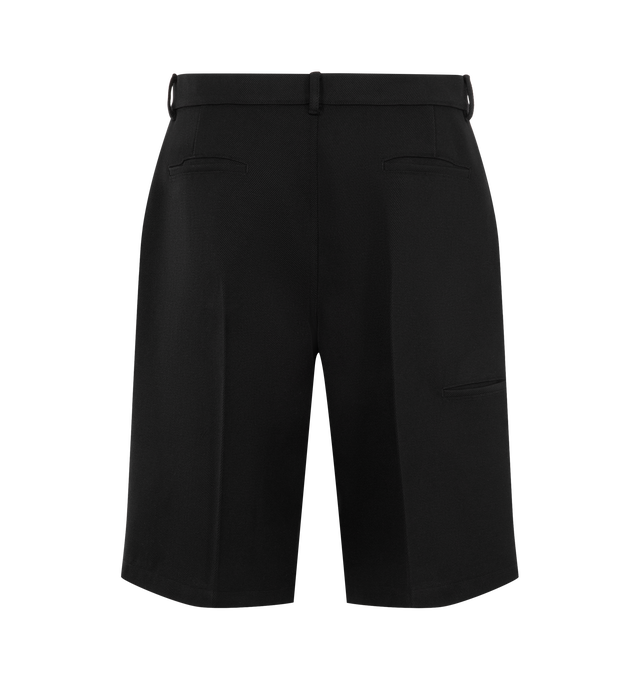 Image 2 of 3 - BLACK - Rick Owens Mens Work Shorts are crafted from wool whipcord. Feature a knee-length silhouette, button closure with belt loops, diagonal side pockets, back pockets, pressed front and back creases, and a cupro lining. Main Material: 100% Virgin Wool; Lining: 100% Cupro; Buttons: 100% Buffalo Horn. Made in Italy. 