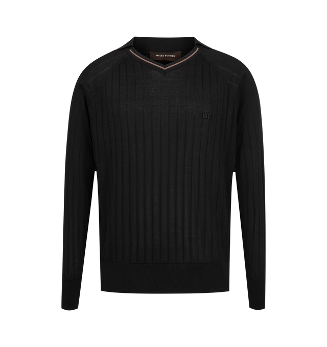 Image 1 of 2 - BLACK - Wales Bonner Men's Roots Polo Shirt is crafted from a viscose silk knit and features a refined polo silhouette inspired by vintage club and sportswear styles. Designed with a classic collar and long sleeves, this lightweight knit is finished with subtle logo embroidery at the chest and a relaxed fit that balances comfort with sophistication. 100% Viscose. 