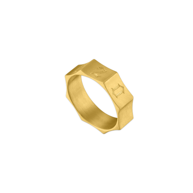 Image 1 of 2 - GOLD - Prounis 420 Ode Ring is handcrafted from 22K yellow gold and features elongated side facets with hand-engraved "420" lettering. Designed with a smooth interior suitable for a personalized inscription. Band Width: 6.5 mm. Handmade in New York. For personal consultation and detailed information about jewelry, please contact our dedicated stylist team at personalshopping@hirshleifers.com.This item may be restricted for online purchase to international clients. For assistance purchasing  