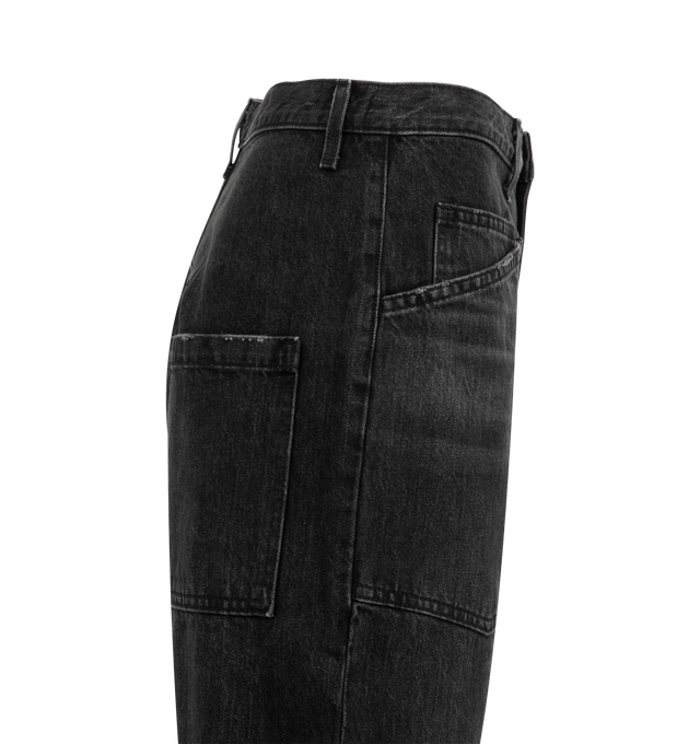 Image 3 of 3 - BLACK - NILI LOTAN Shon Jean featuring mid-rise, relaxed barrel denim, seam detail at knees, gusset at inseam, zip fly, shank closure, top-stitched front and back patch pockets and belt loops. 100% cotton. Made in USA.  