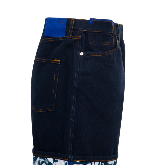 Image 2 of 2 - BLUE - BURBERRY Heavyweight Denim Shorts featuring relaxed fit, Japanese heavyweight denim, rose-print lining at the cuffs, button closure and suede patch with Equestrian Knight Design at back. 100% cotton. Made in Italy. 