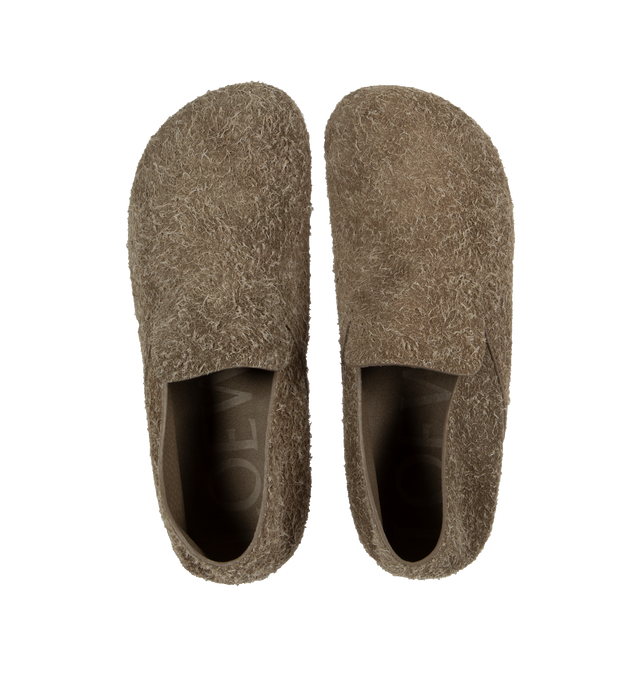 Image 4 of 4 - BROWN - LOEWE Campo Brushed Suede Clogs featuring flat heel, round toe, notched vamp and slip-on style. Brushed calf suede. Made in Italy. 