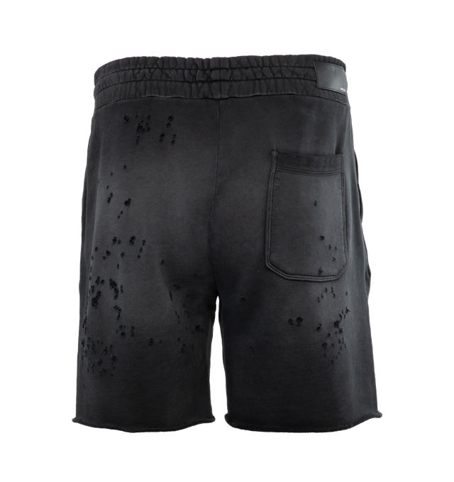 Image 2 of 4 - BLACK - AMIRI MA Logo Shotgun Sweatshort featuring distressed style, elasticated waist with metal tip drawstrings, logo print, and pockets. 100% cotton. Made in Italy. 