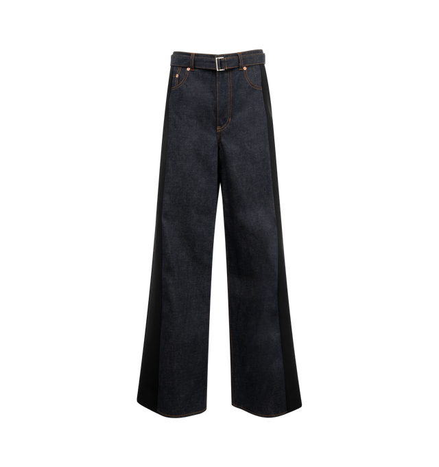 Image 1 of 3 - BLUE - SACAI Denim x Suiting Pant featuring belt loops, detachable cinch belt, four-pocket styling, zip fly, logo-engraved bronze- and silver-tone hardware and contrast stitching in tan. 100% cotton. Made in Japan. 