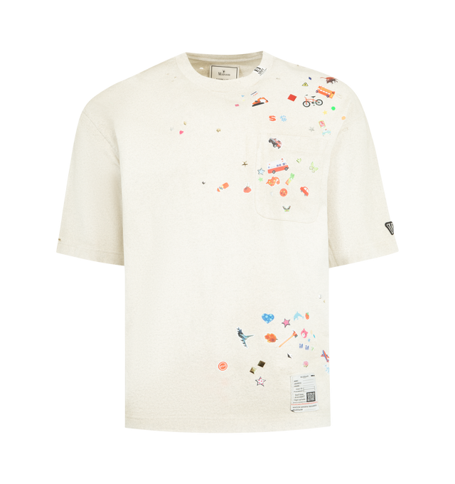 Image 1 of 2 - GREY - Maison Mihara Yasuhiro Kids Sticker T-Shirt is crafted from cotton and features a classic crew neckline, short sleeves, and signature Sticker graphic artwork for a playful contemporary look. This designer graphic T-shirt combines soft everyday comfort with Maison Mihara Yasuhiro's distinctive streetwear aesthetic, making it an easy wardrobe staple. Main Material: 100% Cotton. Made in Japan. 