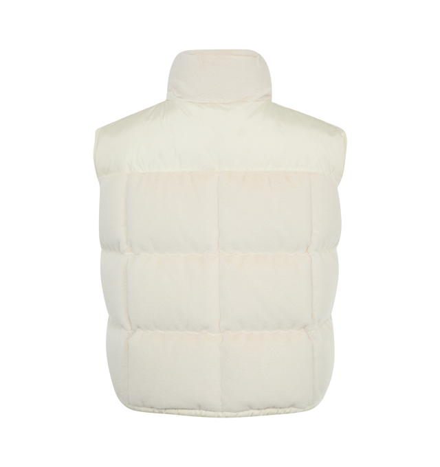 Image 2 of 2 - WHITE - Moncler Arques Puffer Vest has a nylon technique collar, zipper closure, patch pockets, and drawstring hem. Polyester lining. Down-filled. Made in Romania. 