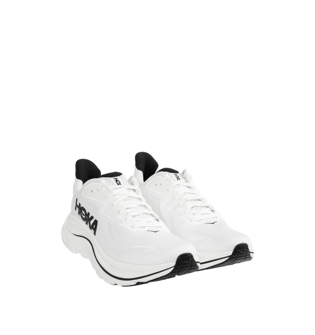 Image 2 of 5 - WHITE - HOKA Clifton 10 Sneaker featuring jacquard knit, reflective upper details, smooth MetaRocker, rearfoot-focused Active Foot Frame, CMEVA midsole, molded EVA sockliner and inherently durable abrasion rubber. 