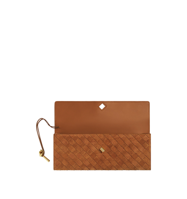 Image 3 of 4 - BROWN - BOTTEGA VENETA Andiamo Clutch featuring top handle clutch in intrecciato suede with metal knot closure, six card slots and one additional pocket. Calfskin. Made in Italy.    