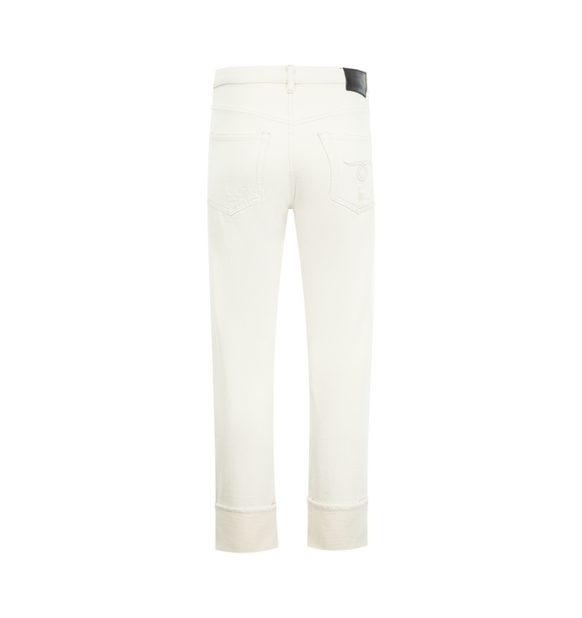 Image 2 of 3 - WHITE - R13 Cuffed Romeo Jeans featuring straight cut, belt loops, button zipped closure, rolled trousers, waist logo leather, retro gold logo carved hardware and beige and tan contrast stitching. 100% cotton.  