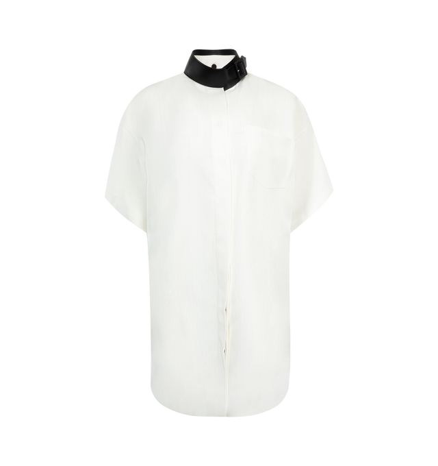 WHITE - FERRAGAMO Contrast Collar Shirt featuring covered front button closure, short sleeves, tie back, front patch pocket and contrast collar. 
