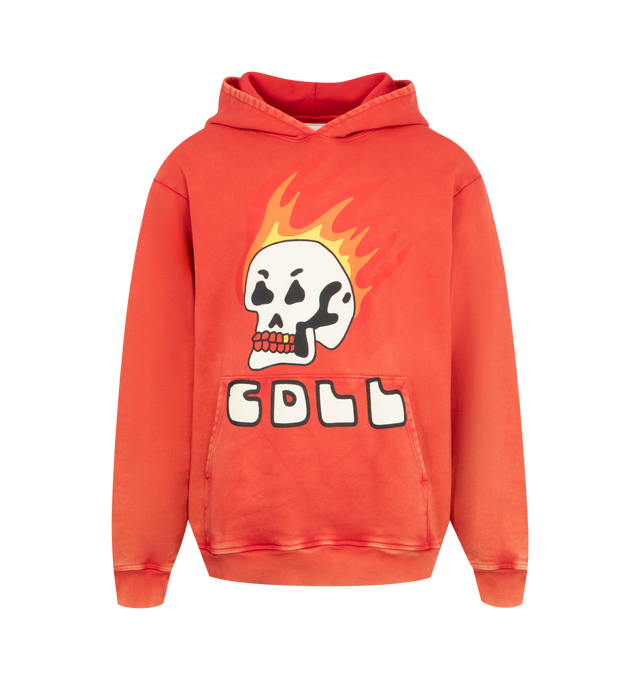 Image 1 of 2 - RED - COUT DE LA LIBERTE Killian Fire Skull Hoodie featuring dropped shoulders, long sleeves, pouch pocket, oversized fit and pullover style. 100% cotton. Made in USA. 