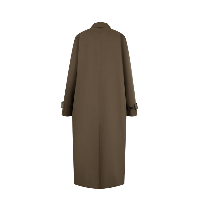 Image 2 of 3 - BROWN - The Row Women's Iza Coat is crafted from pure cotton and features an elongated trench-inspired silhouette with a refined, minimalist finish. Designed with a flat collar and horn button closure, this designer coat is finished with slant side pockets and a luxurious silk lining, reflecting The Row's understated approach to timeless outerwear. Main Material: 100% Cotton. Lining: 100% Silk. Closure: Horn Buttons. Collar: Flat Collar. Pockets: Slant Side Pockets. Care: Dry Clean. Made in I 