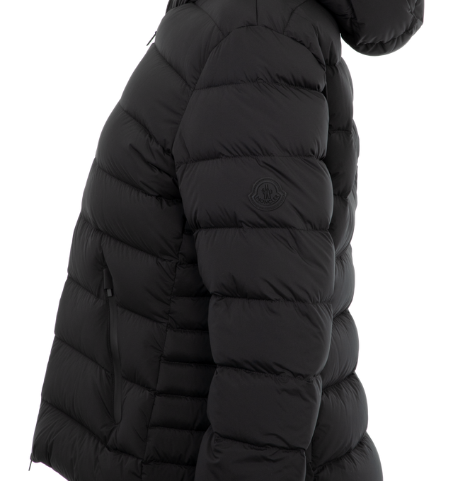 Image 3 of 3 - BLACK - Moncler Quilted Herbe Jacket has a 2 way zip front closure, fixes hood, banded cuffs, and front zip pockets. Lined. 85% polyamide, 15% elastane. Made in Romania. 