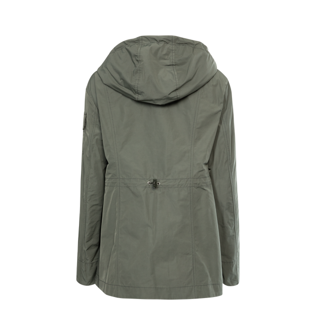 Image 2 of 2 - GREEN - MONCLER Leandro Short Parka Jacket featuring hood, zipper closure, patch pockets, sleeve pocket with snap button closure and waistband with drawstring fastening. 60% polyester, 40% cotton. Made in Italy. 