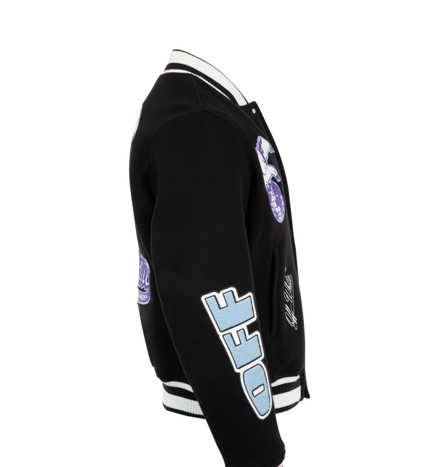 Image 3 of 3 - BLACK - Off-White Eagle Varsity Jacket has a baseball collar, a stud front closure, side pockets, leather and felt applique patches, ribbed trims, and embroidery details. 100% wool.  