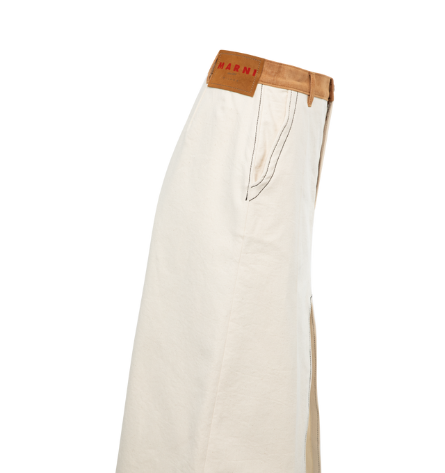 Image 3 of 3 - WHITE - MARNI Midi Denim Skirt featuring contrast stitching, belt loops, zip and button closure, two side pockets, central front and back split and straight hem. 97% cotton, 3% elastane. 