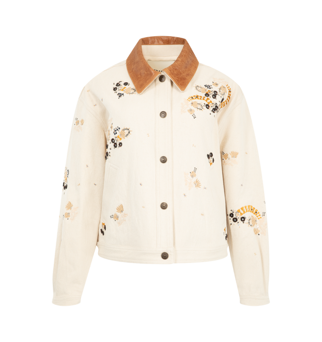 Image 1 of 3 - NEUTRAL - Isabel Marant Women's Lavine Barn Jacket is crafted from ecru cotton denim and features allover floral embroidery and sequin embellishments. The relaxed silhouette is finished with a contrasting crinkled-leather spread collar, front button closure, and welt pockets. Main Material: 100% Cotton. Trim: Leather. 