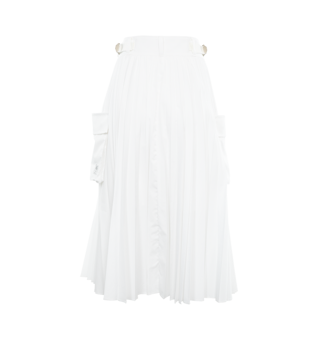 Image 2 of 3 - WHITE - SACAI Pleated Poplin Midi Skirt featuring pocket details, mid-rise, adjustable side details, a-line silhouette, hem falls below the knee, extended button closure and belt loops. 100% cotton. 