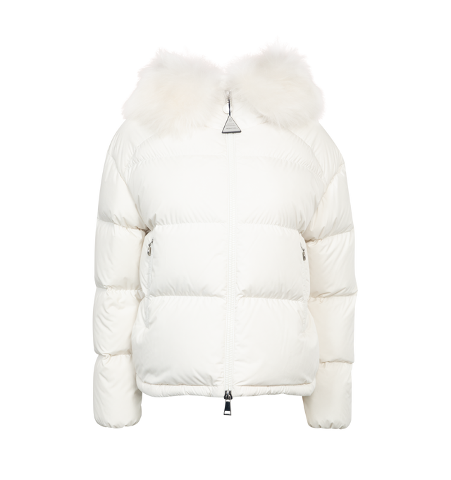 Image 1 of 3 - WHITE - MONCLER MINO SHORT DOWN JACKET featuring nylon lger brillant lining, down-filled, adjustable hood, detachable cashmere collar, zip closure, zipped welt pockets and hem with drawstring fastening. 100% Polyester. Padding: 90% down, 10% feather. Fur: GOAT. 
