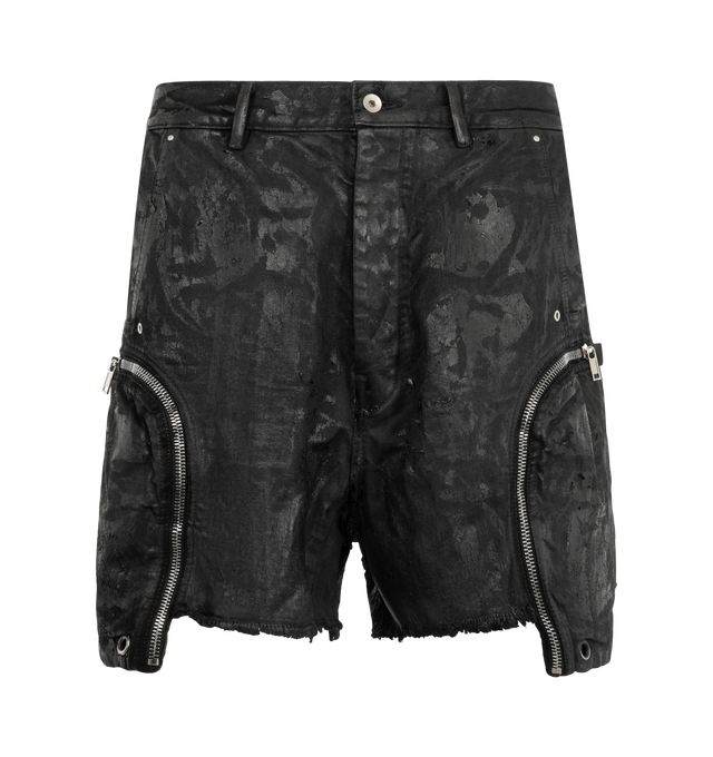 Image 1 of 3 - BLACK - Rick Owens Drkshdw Men's Bauhaus Shorts are crafted from 100% cotton denim and feature a frayed knee-length silhouette with a low dropped crotch, side pockets, signature round Bauhaus zip pockets at the front, and back pockets. Main Material: 100% Cotton Denim 