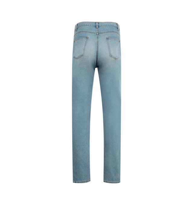 Image 2 of 3 - BLUE - THE ROW Fred Jean featuring relaxed fit, lightweight denim with tonal topstitching, classic 5-pocket construction, and zipper fly closure. 100% cotton. Made in Japan. 