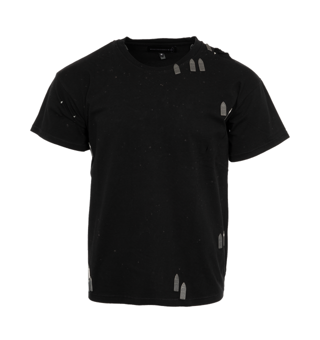 Image 1 of 4 - BLACK - WHO DECIDES WAR Hardware T-Shirt featuring distressing, graphic hardware, bleached effect throughout, rib knit crewneck, dropped shoulders and logo-engraved gunmetal-tone hardware. 100% cotton. Made in China. 