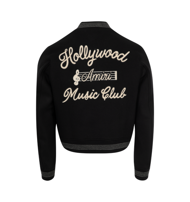 Image 2 of 2 - BLACK - Amiri Hollywood Music Club Bomber has a stand collar with a press stud closure, side zip pockets, a signature logo embroidered at the hem, boucle graphic appliques, and ribbed trims. Fully lined. Made in Italy. 