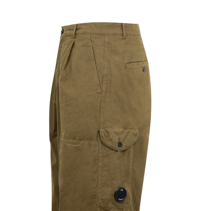Image 3 of 3 - GREEN - C.P. COMPANY Microreps Cargo Pant featuring button and zip fastening, pinces, belt loops, side pockets, thigh flap snap pocket, back button pocket with Lens detail, back welt flap snap pockets with applied label, adjustable drawstring hems, garment dyed and boxy fit. 100% cotton. 