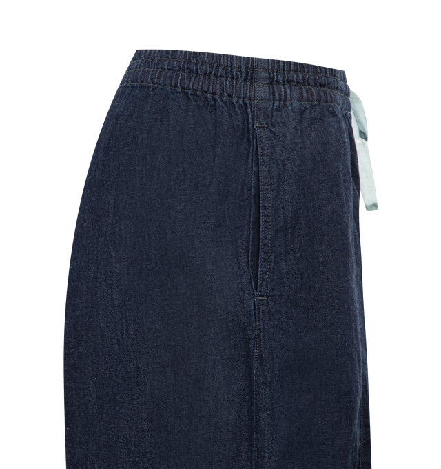 Image 3 of 3 - BLUE - NEEDLES H.D. Pant 6oz Denim featuring an exaggerated front created by darts sewn into the waist and hem, loose and lightweight denim with drawstring elastic waist. 100% cotton. Made in Japan. 