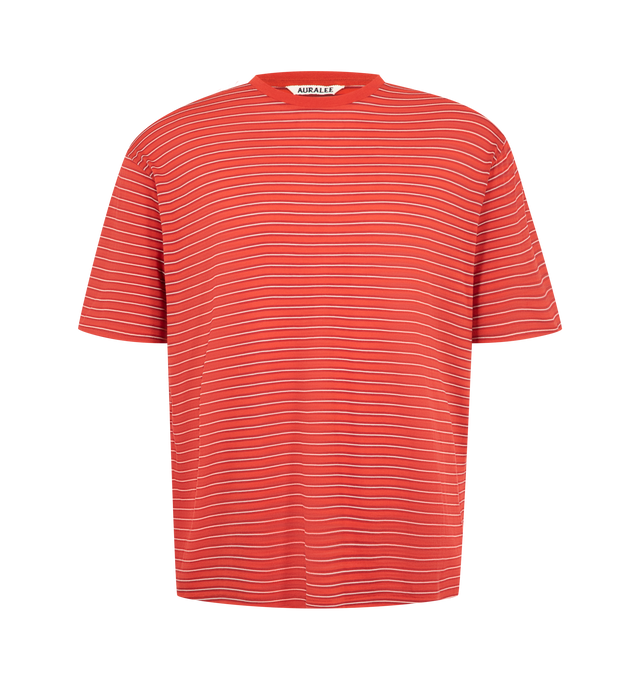 Image 1 of 2 - RED - Auralee Men's Soft Smooth Wool Stripe Jersey T-Shirt is crafted from 15.5-micron merino wool jersey and features a multicolored striped design. The fabric has a natural sheen with an exceptionally smooth, soft, and fluid hand. Cut in a regular fit. Main Material: 100% Wool. 