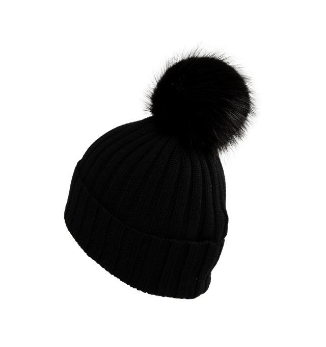 Image 2 of 2 - BLACK - MONCLER Pom Pom Beanie featuring ultra-fine Merino wool, faux fur pom pom, rib knit and gauge 5. 100% virgin wool. 59% modacrylic, 31% acrylic, 10% polyester. 
