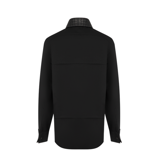 Image 2 of 3 - BLACK - Bottega Veneta Womens Lightweight Crafted of lightweight wool twill, Bottega Venetas shirt features an Intrecciato leather collar, long sleeves with button cuffs, and luxe Italian craftsmanship. Spread collar Long sleeves, button cuffs Button-front closure 100% wool Collar: 100% leather. Made in Italy. 