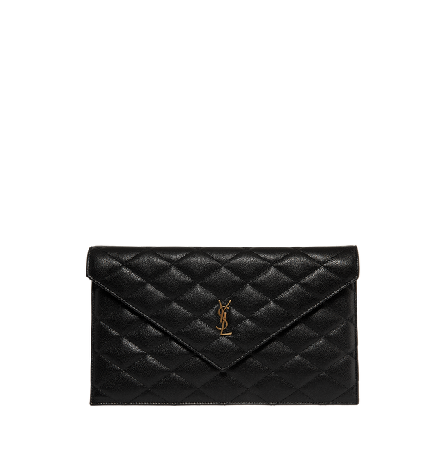 Image 1 of 3 - BLACK - Saint Laurent Womens Envelope Pouch is crafted from lambskin leather. Features the signature CASSANDRE logo, diamond-quilted topstitching, snap-button closure, cotton lining, and bronze-tone hardware. Dimensions: 27  16  1 cm. Main Material: Lambskin Leather; Hardware: Brass; Lining: Cotton. Made in Italy. 