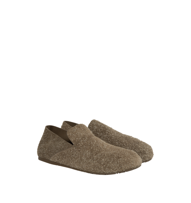 Image 2 of 4 - BROWN - LOEWE Campo Brushed Suede Clogs featuring flat heel, round toe, notched vamp and slip-on style. Brushed calf suede. Made in Italy. 