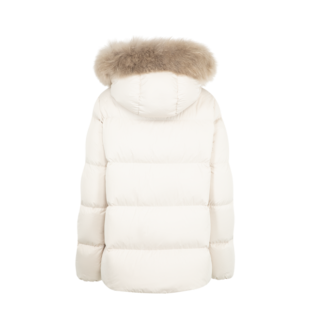 Image 2 of 4 - WHITE - MONCLER Laichefur Hooded Shearling-Trimmed Short Down Jacket featuring brushed polyester, longue saison lining, down-filled, hood with detachable long-haired sheepskin trim, zipper closure and zipped pockets. 100% polyester. Lining: 100% polyamide/nylon. Padding: 90% down, 10% feather.  