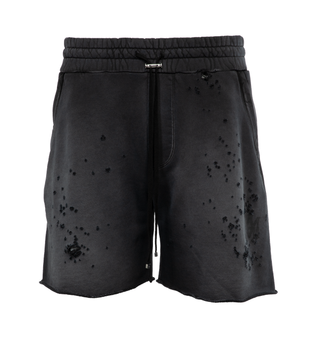 Image 1 of 4 - BLACK - AMIRI MA Logo Shotgun Sweatshort featuring distressed style, elasticated waist with metal tip drawstrings, logo print, and pockets. 100% cotton. Made in Italy. 
