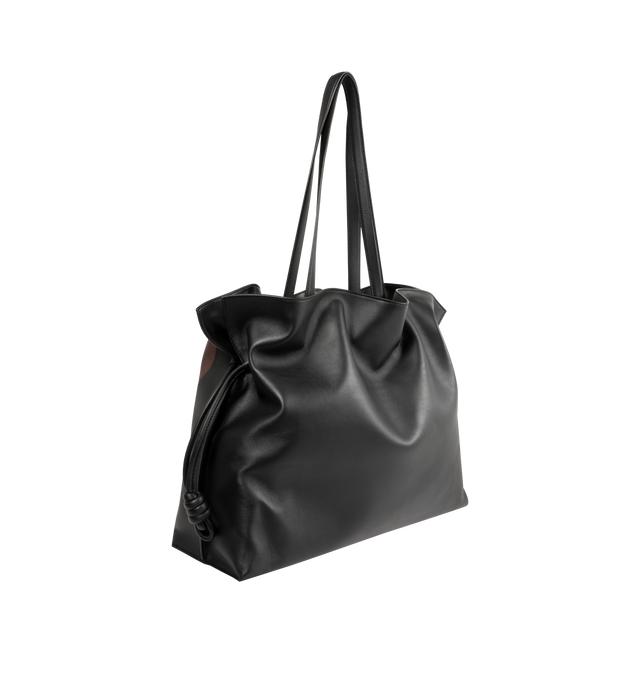 Image 2 of 3 - BLACK - LOEWE XL Flamenco Clutch in nappa calfskin featuring a cinched closure, historical knot drawstrings, shoulder carry, top handles, magnetic closure, one internal zipped pocket, textile lining and gold embossed logo. Nappa calf. 34.5 cm x 44.7 cm x 21.5 cm. Made in Spain. 