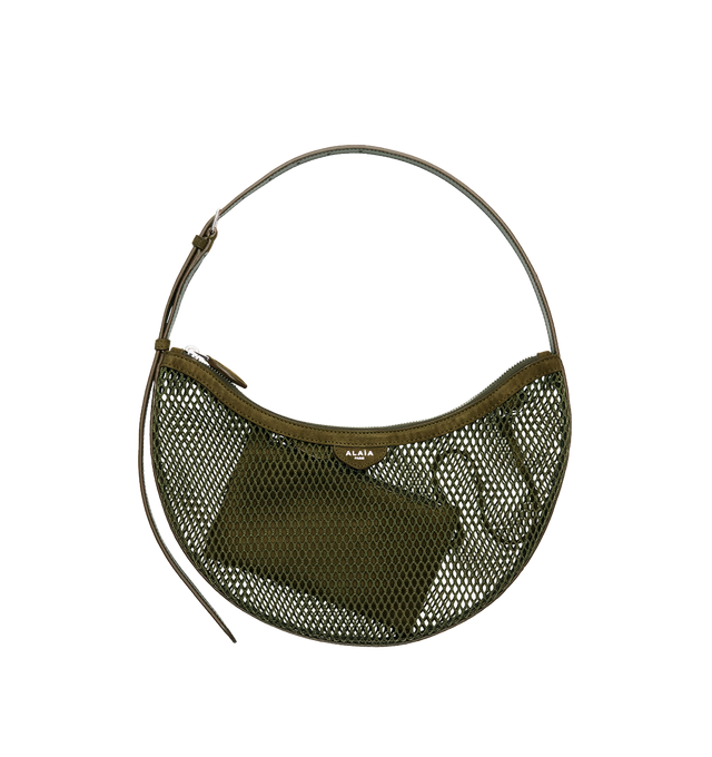 Image 1 of 1 - GREEN - Alaa Women's One Piece Demi Lune Bag is crafted from fishnet and suede goatskin leather and features an extra-flat half-moon silhouette with a zip-top closure and a detachable leather interior pouch for added organization. Designed to be carried comfortably on the shoulder, this designer handbag showcases Alaa's signature sculptural aesthetic with a lightweight construction and exceptional Italian craftsmanship. Main Material: 100% Polyester Fishnet. Secondary Material: 100% Goat Sued 