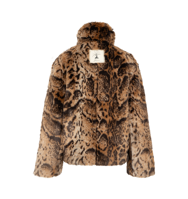 Image 2 of 3 - BROWN - Jacquemus Women's Le Blouson Fernando Jacket is crafted from faux leopard fur and features an oversized silhouette with rounded shoulders, a stand collar, and a fully lined interior. Designed with an asymmetric front closure secured by a toggle and leather loop fastener, this statement outerwear style is finished with hidden snap buttons, side welt pockets, and a signature Jacquemus Rosemary label at the back. Main Material: 62% Polyacrylic, 23% Modacrylic, 15% Polyester. Lining: 52%  