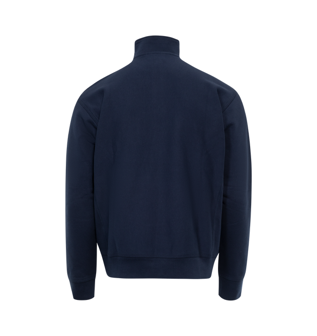 Image 2 of 2 - NAVY - CARHARTT WIP Half Zip American Script Sweatshirt featuring a 12.4 oz cotton-polyester blend and brushed for extra softness and warmth, highneck with a zipper, a small logo on chest and a loose, boxy silhouette. 80% cotton, 20% polyester. 