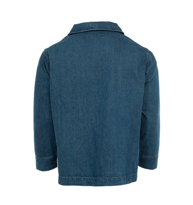 Image 2 of 3 - BLUE - CHIMALA US Navy Denim Work Shirt featuring boxy denim work smock, patch pockets at the sides, a rounded collar and buttoning cuffs. 100% cotton. 