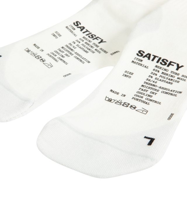 Image 3 of 3 - WHITE - SATISFY Merino Nylon Tube Socks featuring cushioning, support and thermoregulation in all conditions and seasons, constructed from merino wool blended with nylon, mapped construction for cooling, high impact cushioning, and uninhibited movement and reflective SATISFY logo. 65% merino wool, 32% nylon and 3% elastane. 