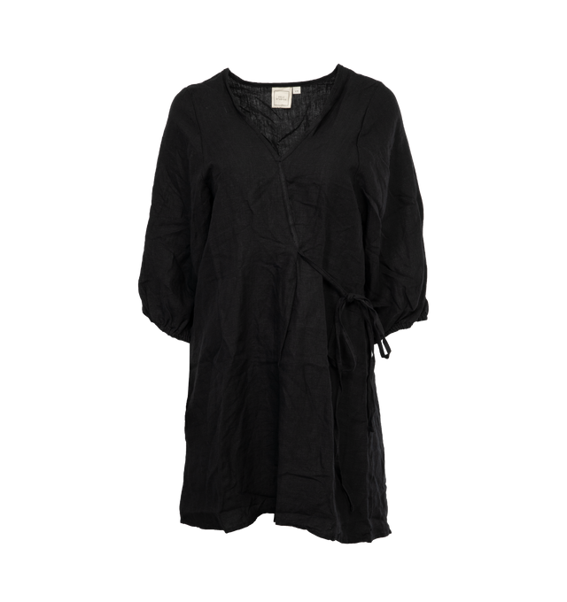 BLACK - DEIJI STUDIOS Thread Line Dress featuring mini length, v neckline, elasticated billow sleeves, a fixed fold at the front and back with off-centre waist tie to be worn to the side or wrapped to the back for an adjustable shape. 100% OEKO-TEX 100 certified and EU certified stone washed french linen.
