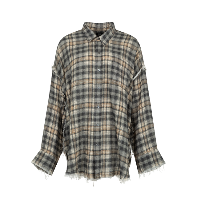 Image 1 of 2 - GREY - R13 Womens Shredded Seam Drop Neck Shirt is crafted from crinkle cotton gauze and features a drop-neck silhouette with a button-front closure. Finished with a bleached blue plaid print and shredded seam detailing. Main Material: 100% Cotton. 