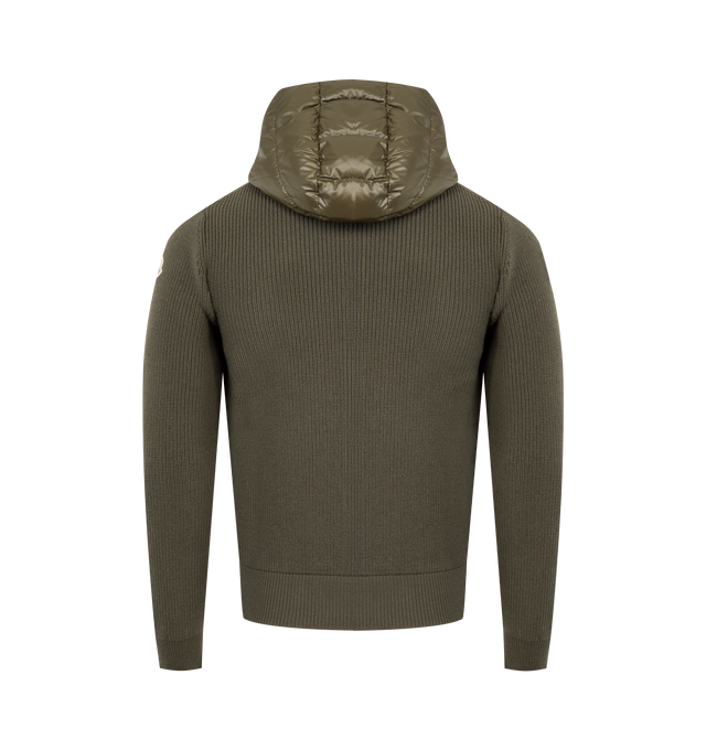 Image 2 of 3 - GREEN - MONCLER Padded Wool Zip-Up Hoodie featuring down-filled polyester front and hood, rib knit, gauge 7, zipper closure and pockets with snap button closure. 100% polyester. 100% virgin wool. Padding: 90% down, 10% feather. Made in Turkey. 