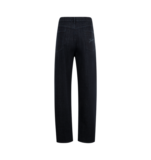 Image 2 of 3 - NAVY - Jacquemus Men's Mirada de-Nmes curved mid-rise denim pants crafted from dark navy cotton denim. Featuring a long curved leg, five pockets, buttoned fly, contrast corozo buttons, J" belt loop, embroidered patch on the back and laser printed 50s signature logo. 100% Cotton / Lining: 65% Polyester - 35% Cotton. Made in Portugal. 