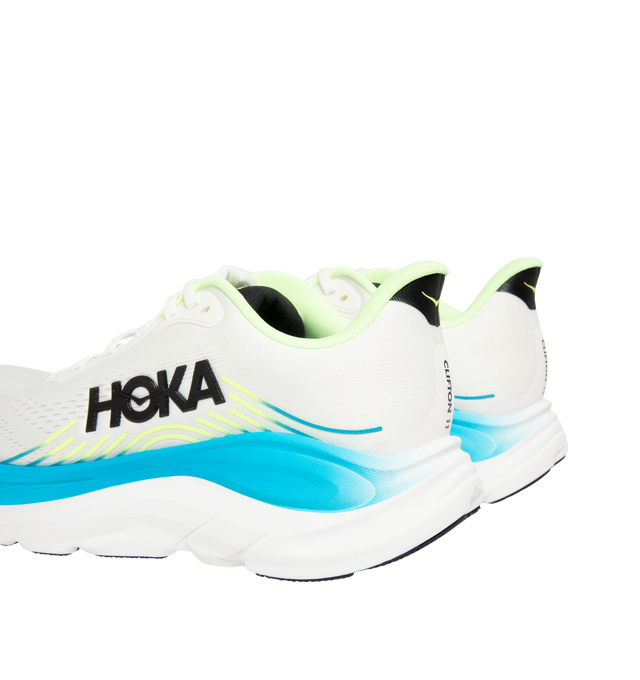 Image 3 of 5 - WHITE - Hoka Mens Clifton 11 Running Shoes feature an engineered mesh upper with reflective details and 3D-printed overlays. Designed with a CMEVA midsole, Rearfoot-Focused Active Foot Frame, MetaRocker geometry, open-cell sockliner, double-lace lock system, and Durabrasion rubber outsole for lightweight cushioning, stability, and everyday road running. Upper: Engineered Mesh; Midsole: CMEVA; Outsole: Durabrasion Rubber. Imported. 