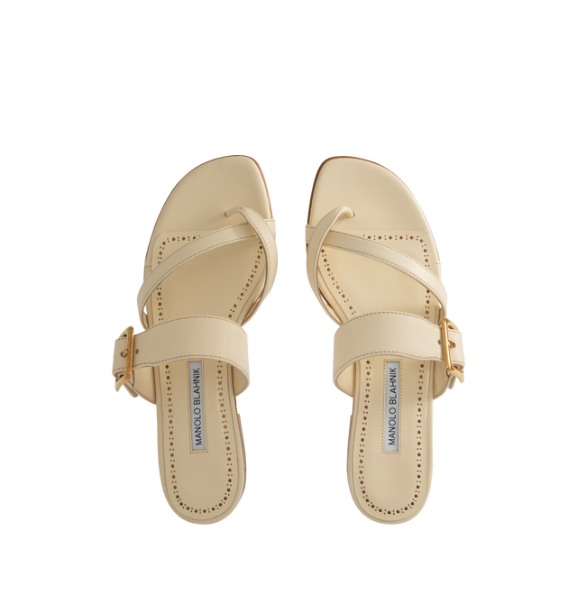 Image 4 of 4 - NEUTRAL - Manolo Blahnik Thalusa nappa leather flat sandals featuring an open toe, crossover front straps with toe stem, instep strap with gold buckle design detail and flat stacked 10mm heel. Upper: 100% lamb nappa. Sole: 100% calf leather. Lining: 100% kid leather. Made in Italy. 