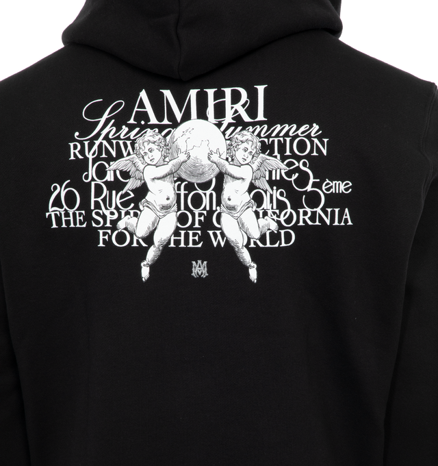 Image 4 of 4 - BLACK - AMIRI Cherub Text Hoodie featuring non-detachable hood, ribbed cuffs and hem, printed logo on front and back and kangaroo pocket. 100% cotton. Made in the USA. 