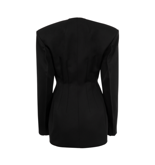 Image 2 of 3 - BLACK - WARDROBE.NYC RHW Blazer Dress is designed with Rosie Huntington-Whitley in a sculptural silhouette that enhances the wearers natural shape. Crafted in a technical Italian wool blend with a statement shoulder, precisely engineered darts, a collarless neckline, and double breasted closure. Style with a trouser or wear as a mini dress for evening.  Italian fabric - 100% wool with 100% viscose lining. 